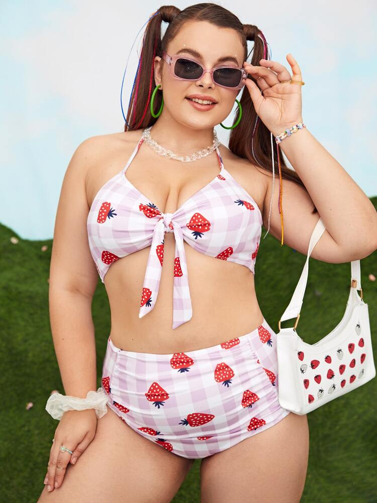 Plus Strawberry Print Rib Knot Bikini Swimsuit | SHEIN