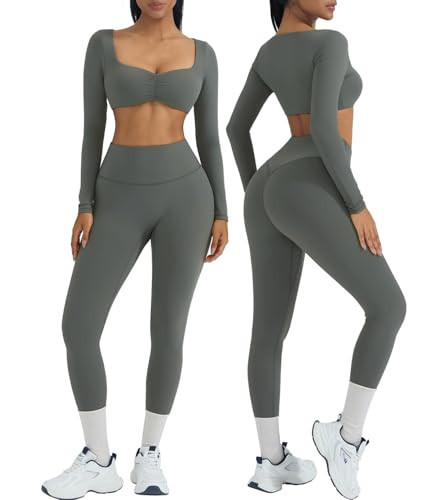 OMKAGI 2 Piece Workout Sets for Women Long Sleeve Padded Sports Bra High Waisted Gym Outfits with Pocket(XS,441-Green) | Amazon (US)