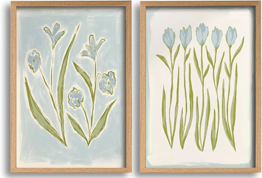 Light Blue Flower Canvas Wall Art Southern Coastal Modern Floral Painting Picture Preppy Blue Flo... | Amazon (US)