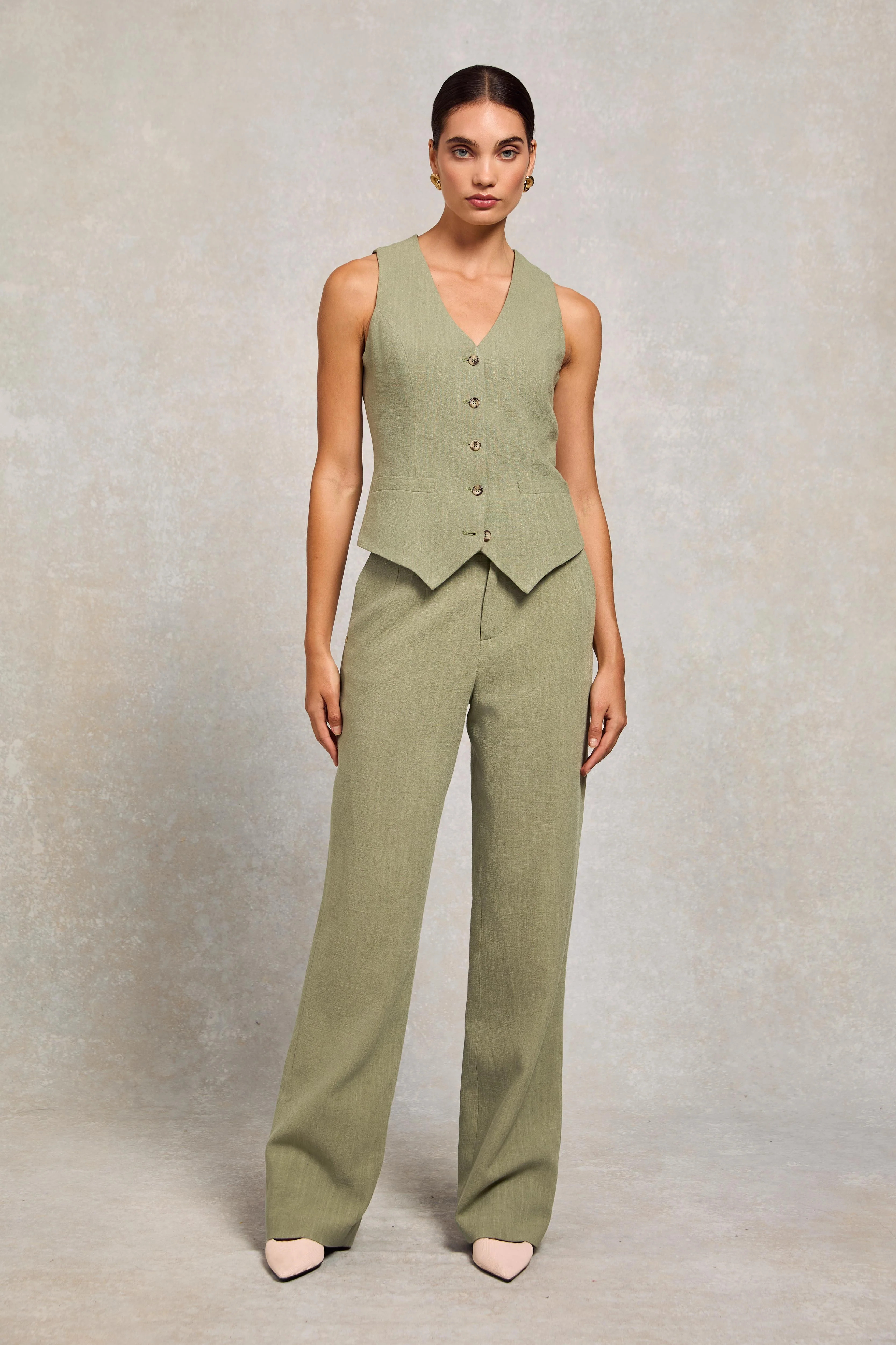 High Waisted Straight Trouser (Sage Linen) | Holland Cooper