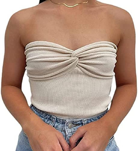 Womens Strapless Sexy Knit Tube Crop Top with Twist Knot Front Summer Cute Going Out Tops | Amazon (US)
