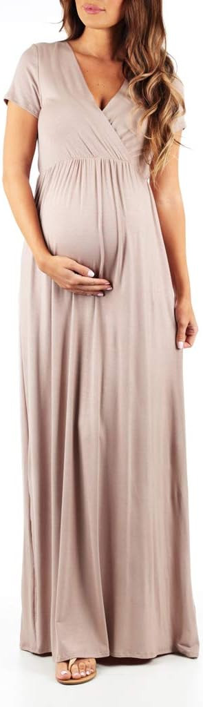 Mother Bee Maternity Short Sleeve Ruched Waist Faux Wrap Maxi Dress | Amazon (US)