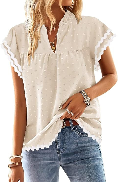 Falechay Womens Tops Summer Short Ruffle Sleeve V Neck Blouses Cute Boho Swiss Dot Lace Shirts Ca... | Amazon (US)