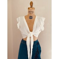 Romantic Off White Ruffle Crop Top, Tie Front Linen Blouse, Boho Shirt | Etsy (US)