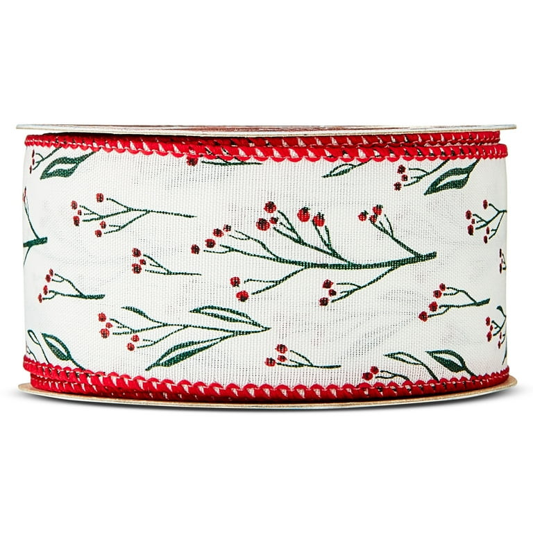 White and Red Berry Leaves Christmas Ribbon, 1.5" x 18', by Holiday Time | Walmart (US)