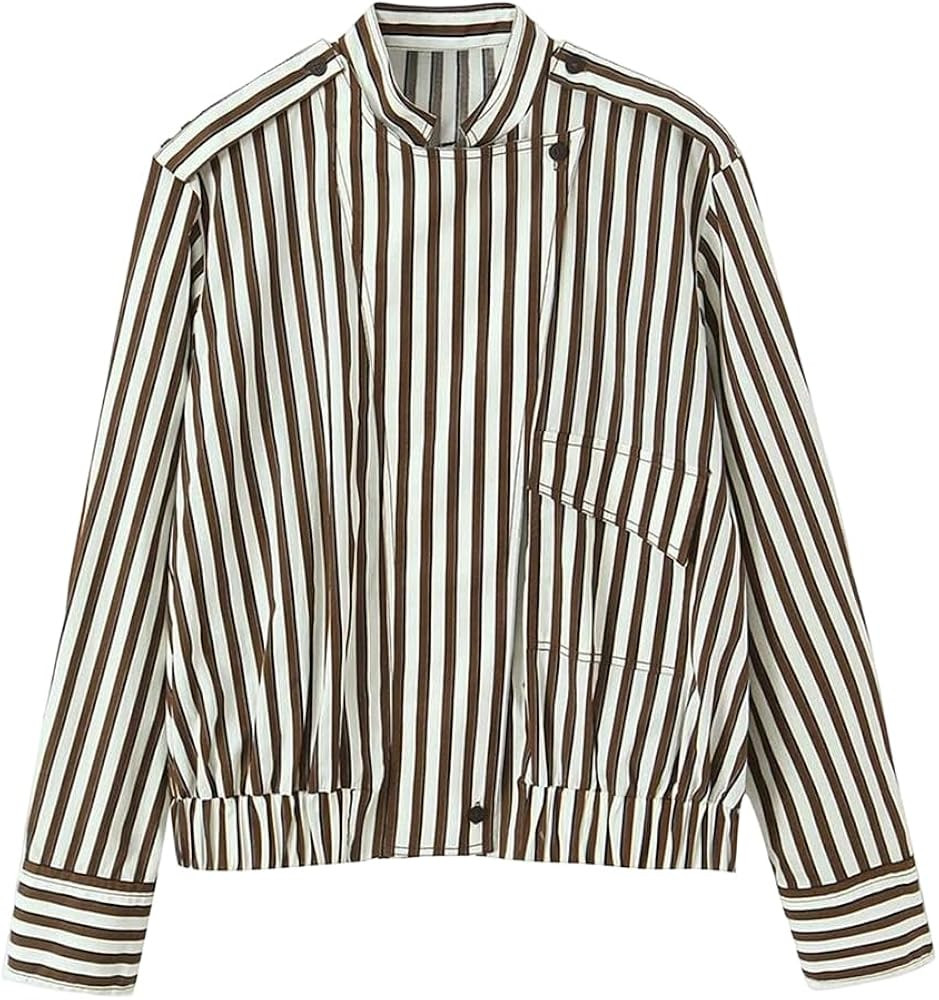 Womens Brown Striped Shirt Retro Womens Long Sleeved Shirt | Amazon (US)