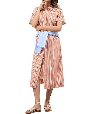 Women Striped Button Down Pleated Shirt Dress Summer Short Sleeve Ruffle A Line Swing Long Blouse... | Amazon (US)