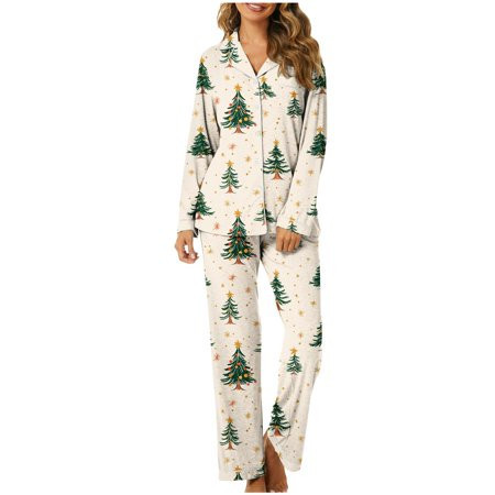 Tnhcen Holiday Women’s Christmas Tree Print Pajama Set Long Sleeve Button Front Pajamas Pants Soft Elegant Loungewear Pjs Home Clothes S-3XL | Walmart (US)