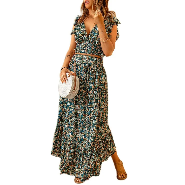 Frontwalk Women Summer 2 Piece Outfits Rrffle V Neck Tops Flowy Long Skirt Set Floral Print Beach... | Walmart (US)