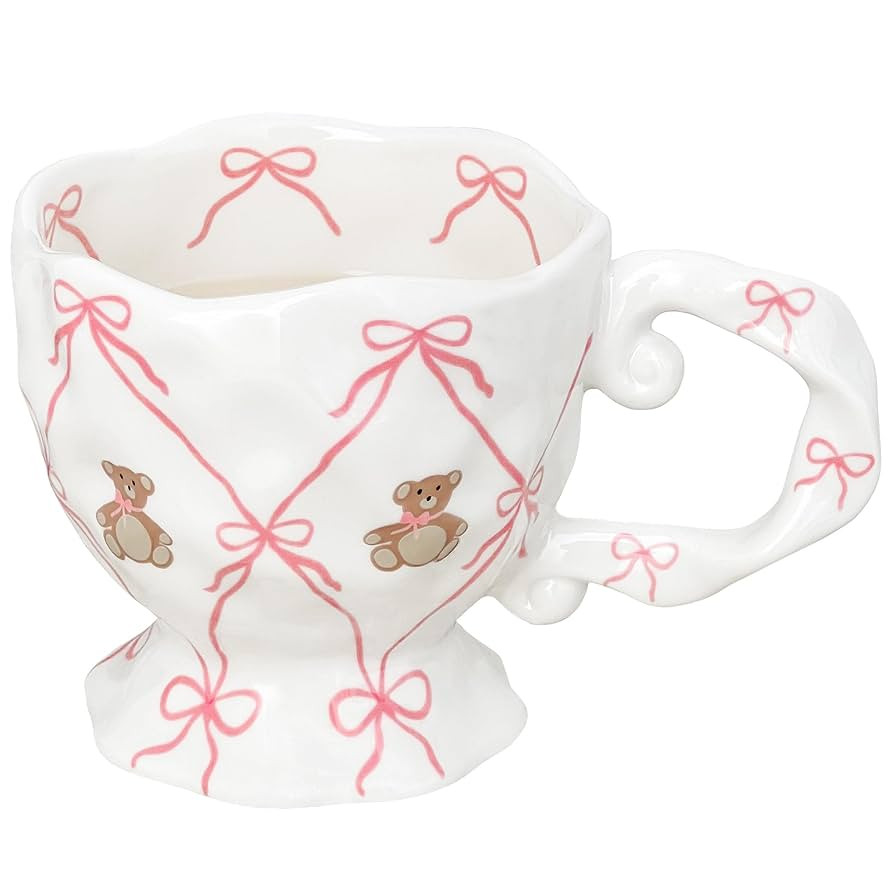 Cute Coffee Mug with Pink Bow Bear, Handmade Kawaii Ceramic Mug for Tea Milk Latte Cocoa 14 oz Fu... | Amazon (US)