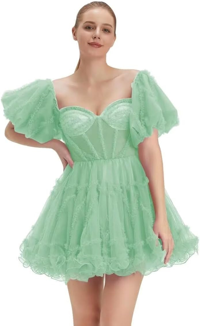 Tiered Tulle Homecoming Dresses Off Shoulder Short Prom Dresses Puffy Sleeve Formal Party Gowns | Amazon (US)