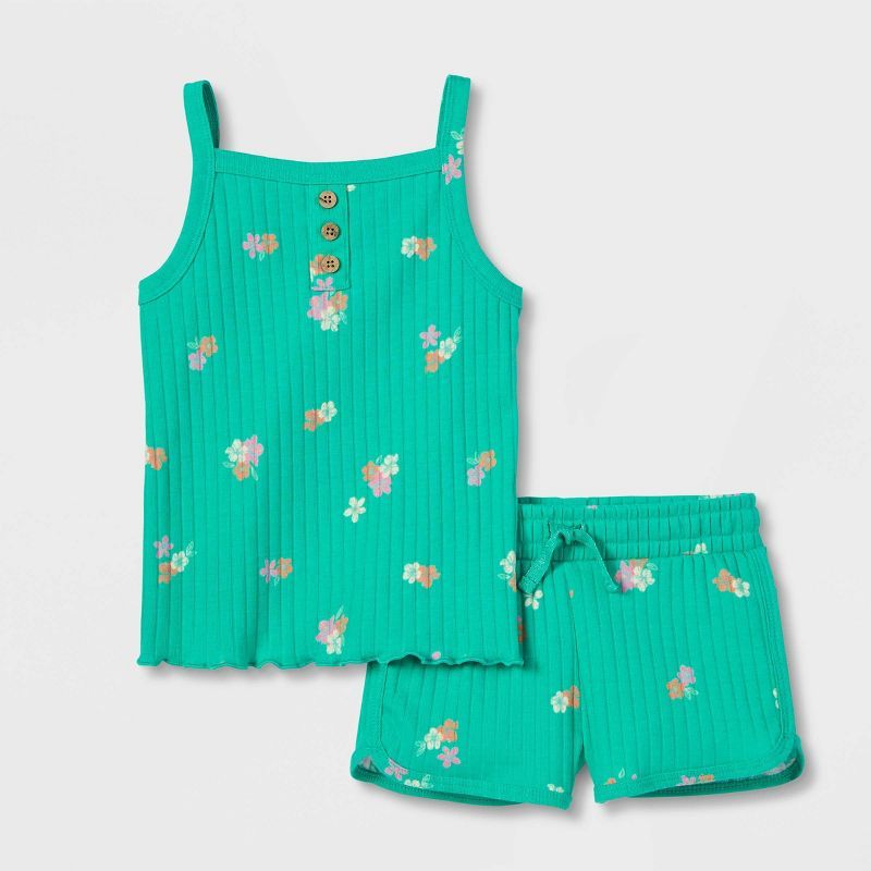 Toddler Girls' Floral Ribbed Tank Top & Shorts Set - Cat & Jack™ Dark Mint | Target