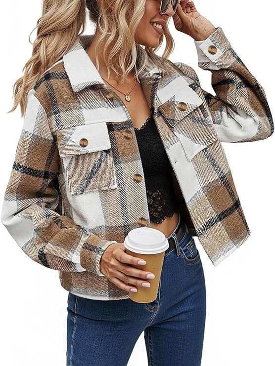 Women's Cropped Plaid Shacket Jacket Long Sleeve Button Down Shirt Coat Tops with Pockets | Amazon (US)