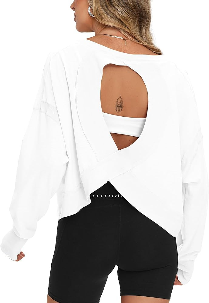 Darong Women's Open Back Workout Top Oversized Athletic Shirt Long Sleeve Crop Top with Thumb Hol... | Amazon (US)