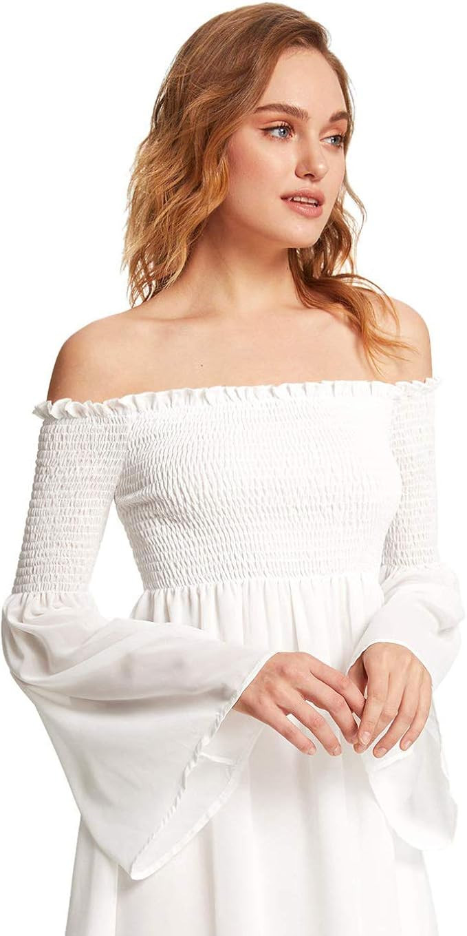 Romwe Women's Casual Floral Print Off Shoulder Trumpet Sleeve Swing Dress | Amazon (US)