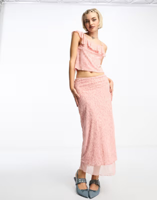 Motel floral flocked ruffle cami top and midaxi skirt set in pink | ASOS (Global)
