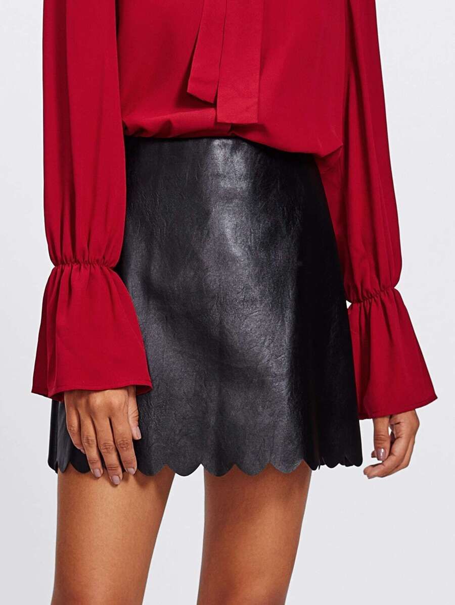 Scallop Hem Faux Leather Skirt | SHEIN