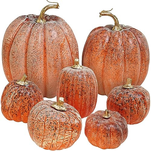 Winlyn 7 Pcs Assorted Orange and Black Artificial Pumpkins Harvest Decorative Pumpkins for Rustic Farmhouse Fall Wedding Thanksgiving Halloween Table Centerpiece Mantel Shelf Seasonal Décor | Amazon (US)