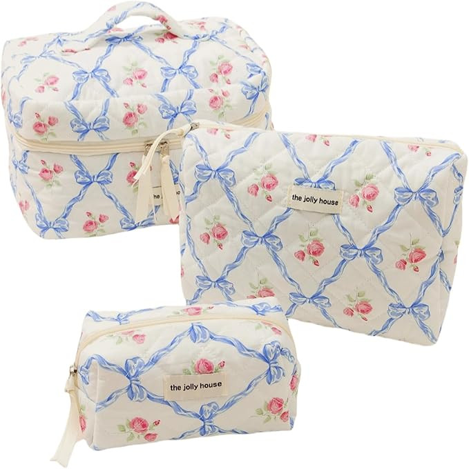 Cute Makeup Bag Aesthetic Floral Quilted Cotton Cosmetic Bag Travel Organizer Toiletry Pouch 3 Pa... | Amazon (US)