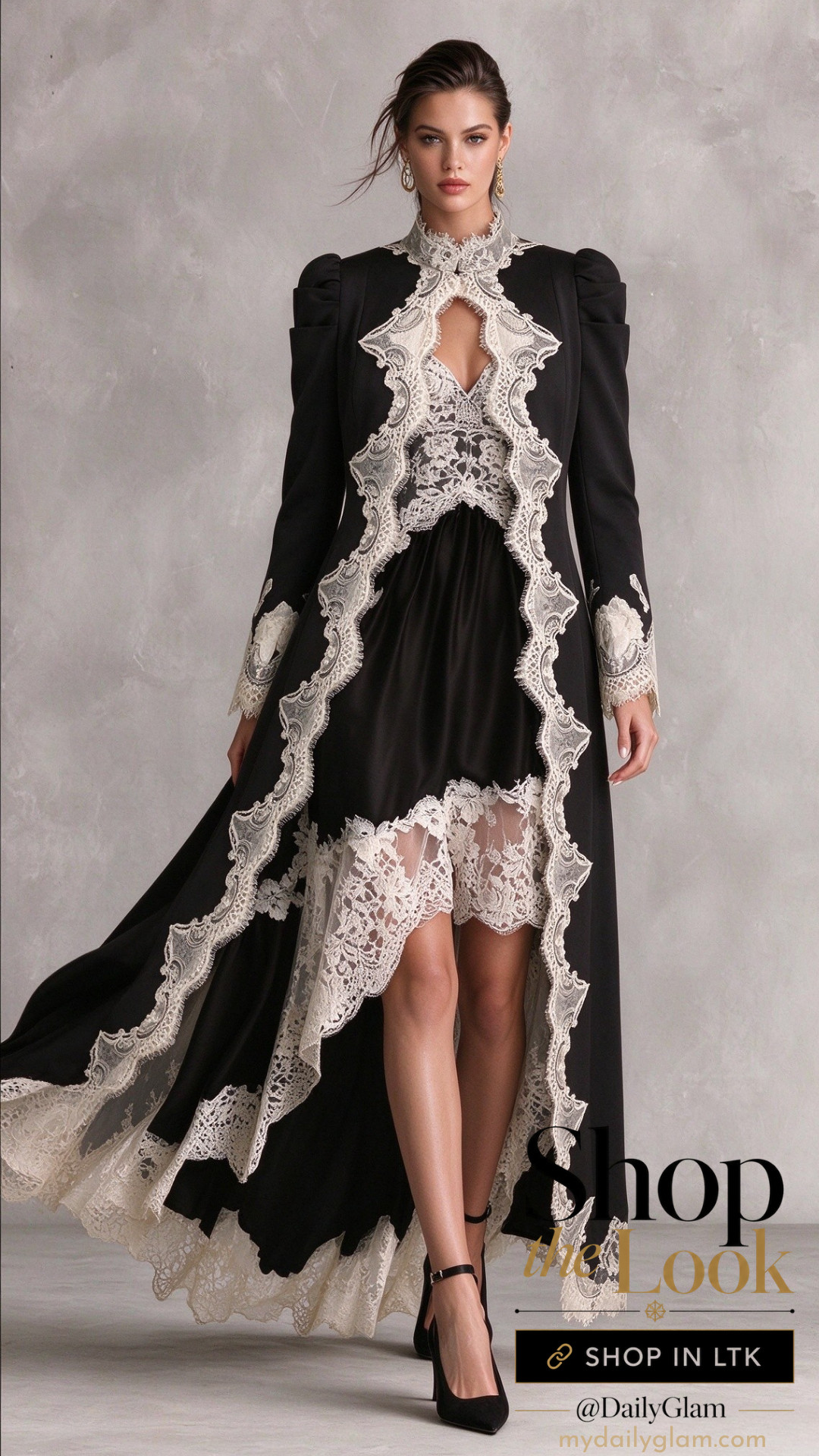 Girls, vintage baroque‑inspired layering goals 🤍🖤
Striking long tailored coat with ornate cream lace trim, layered over lace camisole and high‑low satin lace slip dress. Dramatic flowing hem, high‑fashion old‑world aesthetic, stands out for special occasions.

#LaceTrimCoat #VintageBaroqueStyle #LayeredEveningLook #BlackAndWhiteDress #HighFashionDress #OldWorldLuxury #StatementCoat #CoutureLayering #SpecialOccasionOutfit #DramaticDress 

 #LTKootd #LTKOver40 #LTKWedding