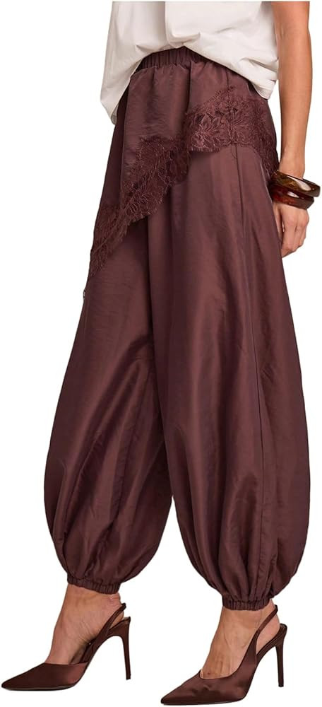 SOLY HUX Women's Satin Balloon Pants Silk Lace Trim Elastic Waist Casual Baggy Barrel Pants Loose... | Amazon (US)