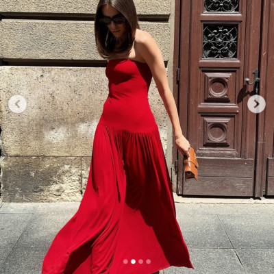 NWT H&M Long Bandeau Strapless Drop-waist Jersey Maxi Dress Red Sizes XS, M, XXL | eBay US