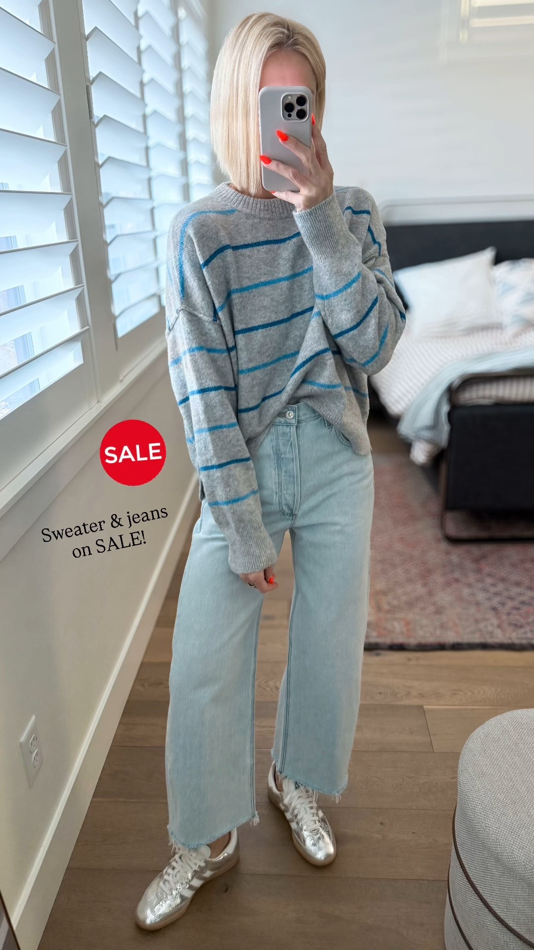 Softest sweater & light-wash jeans on major Sale! 
Sizing ~
Sweater fix true to size, wearing a medium 
Size down in the jeans I’m usually a 27 and took a 26 (and I preferred to wear all of my clothes loose!)
Go 1/2 size down Adidas 

#LTKSaleAlert #LTKOver40 #LTKmomlife
