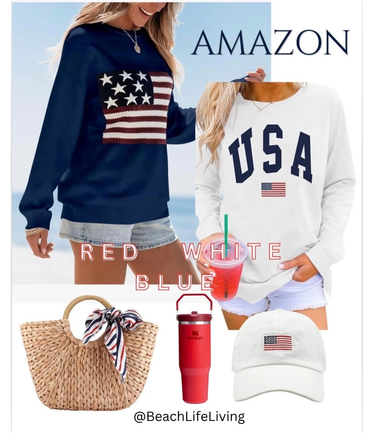 Memorial Day 4th of July Labor Day 
Holiday Outfits 
White Hat with Flag, Blue Sweater with Flag, White Sweatshirt with USA, Red Stanley cup, Straw Hand Bag

#LTKdayinmylife #LTKSeasonal #LTKmomlife