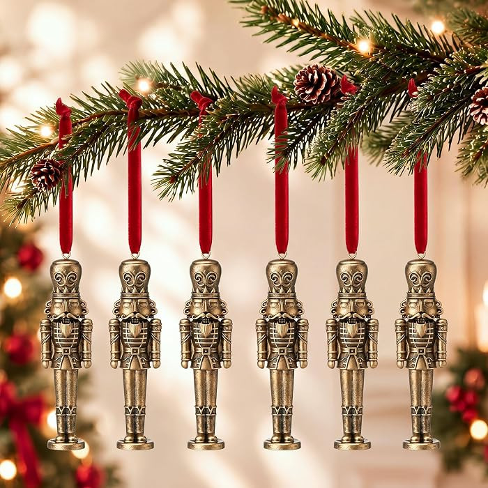 6 Pack Bronze Christmas Nutcracker Ornaments with Burgundy Velvet Ribbons | Amazon (US)
