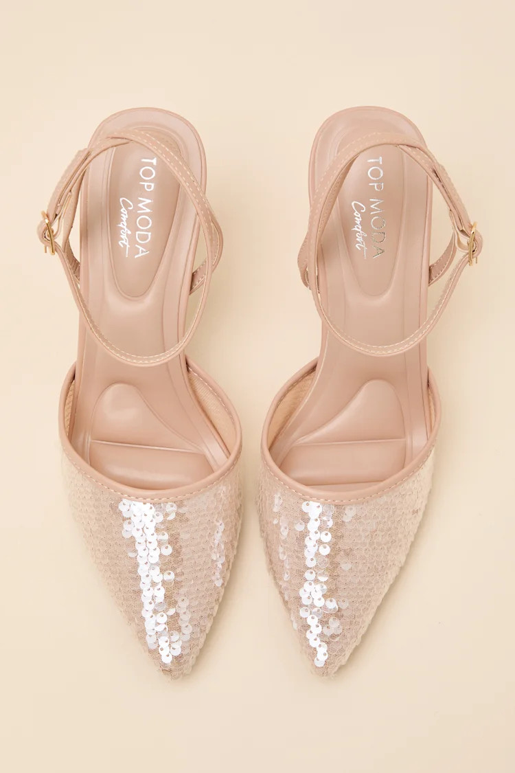 Latasha Light Nude Sequin Pointed-Toe Ankle Strap Pumps | Lulus