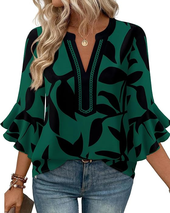 Gaharu Womens Blouses Ruffle 3/4 Length Sleeve Tops | Amazon (US)