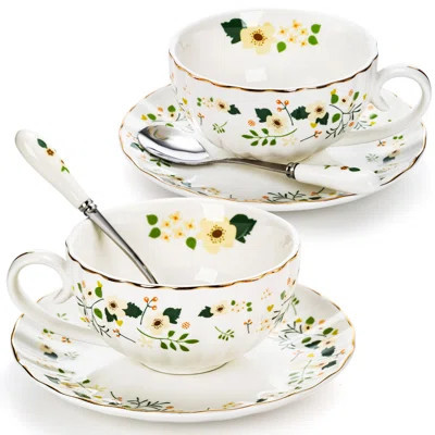 Set Of 2 Tea Cup And Saucers, 6 Oz Floral Tea Cups With Spoon Gold Trim, Porcelain Bone China British Coffee Cappuccino Espresso Latte Mugs(White) | Wayfair North America