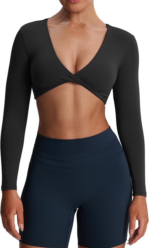 Aoxjox Long Sleeve Crop Tops for Women Sienna Twist Deep V Workout Cropped T Shirt Top | Amazon (US)