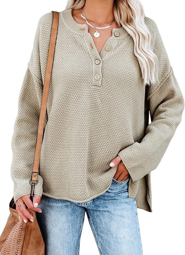 SHEWIN Women's Waffle Knit V Neck Sweater Casual Long Sleeve Side Slit Button Henley Pullover Jum... | Amazon (US)