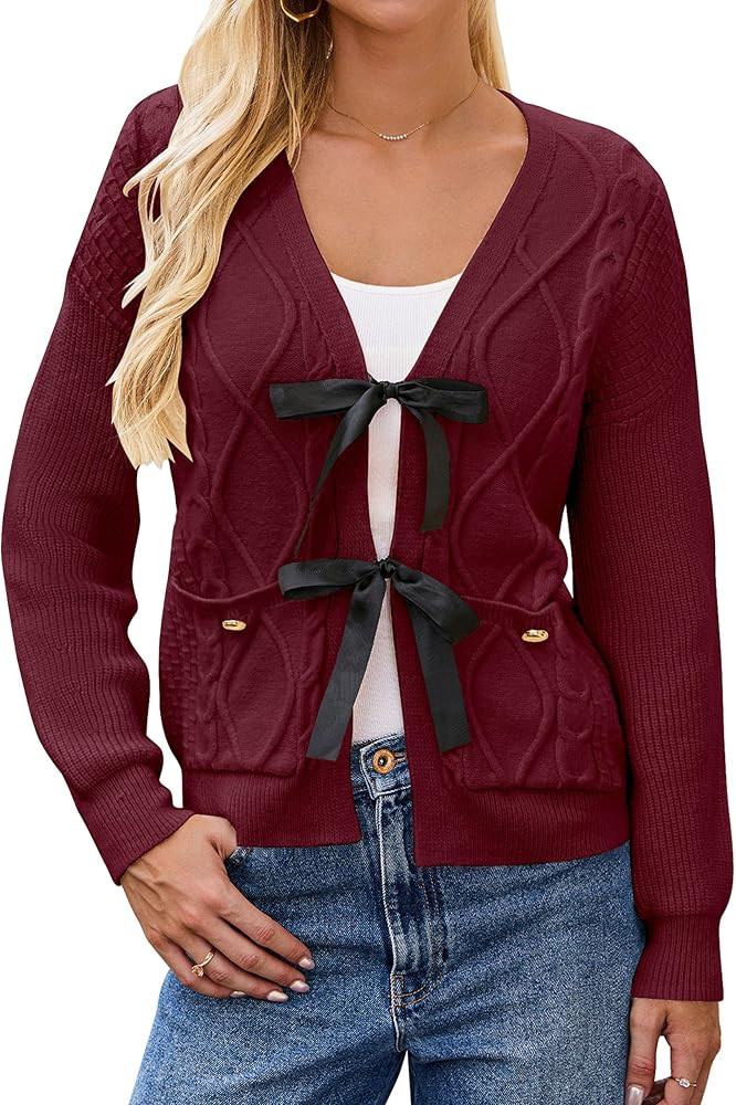 BMJL Womens Cardigan Sweater Cropped Tie Front Bow Sweaters Cable Knit Long Sleeve Trendy Clothes... | Amazon (US)