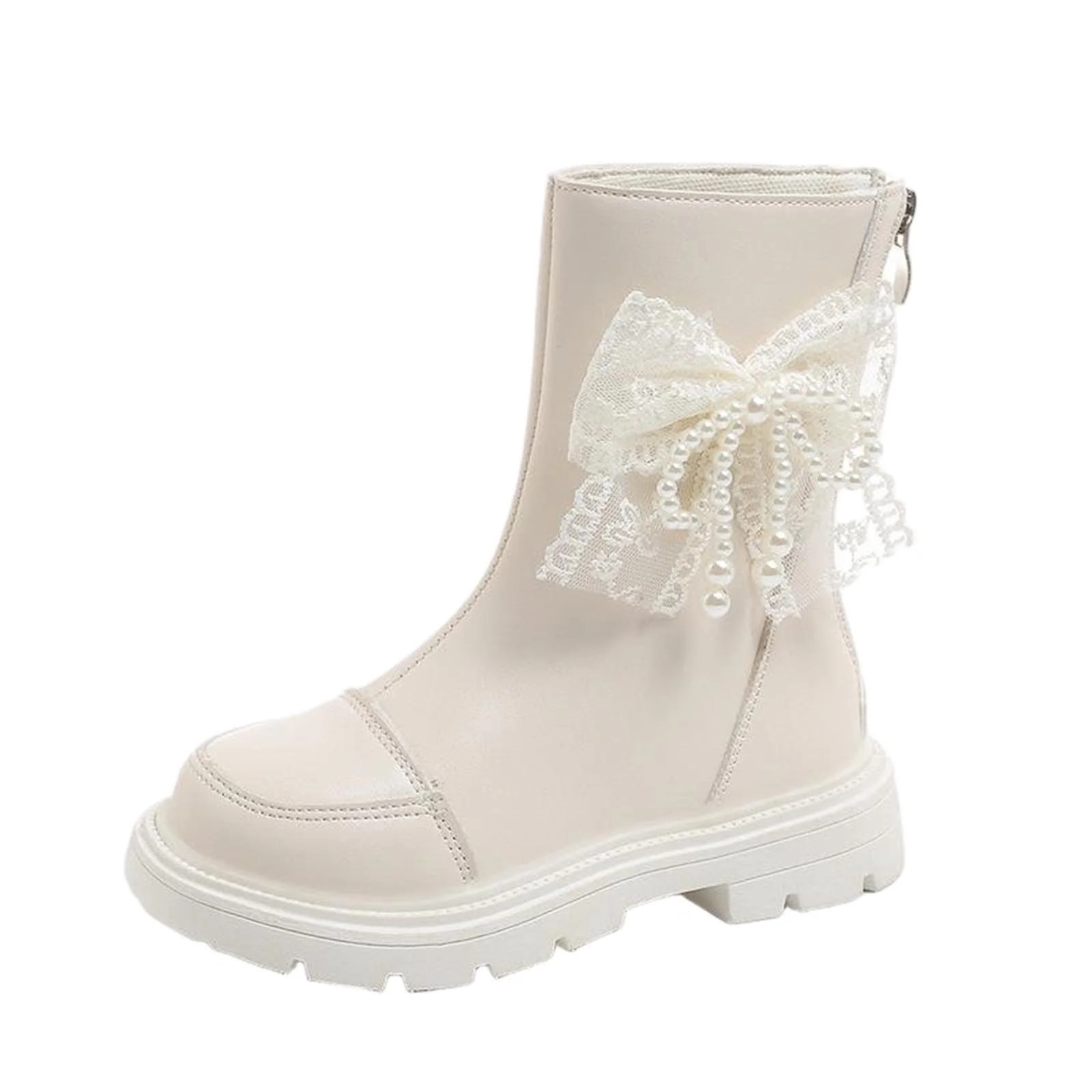SZJXBUY Riding Boots Kids Mid-Calf Pearl Bow Combat Boot Fashion Faux Leather Back Zipper Low Heel Chunky Shoes White,8 Years - Walmart.com | Walmart (US)