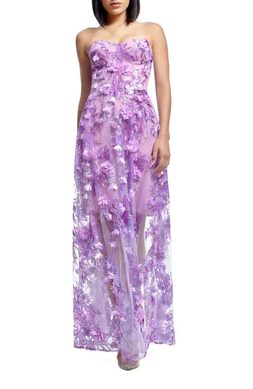 Dress the Population Melissa Sequin Floral Appliqué Strapless Gown in Lilac Multi at Nordstrom, Size Small | Nordstrom