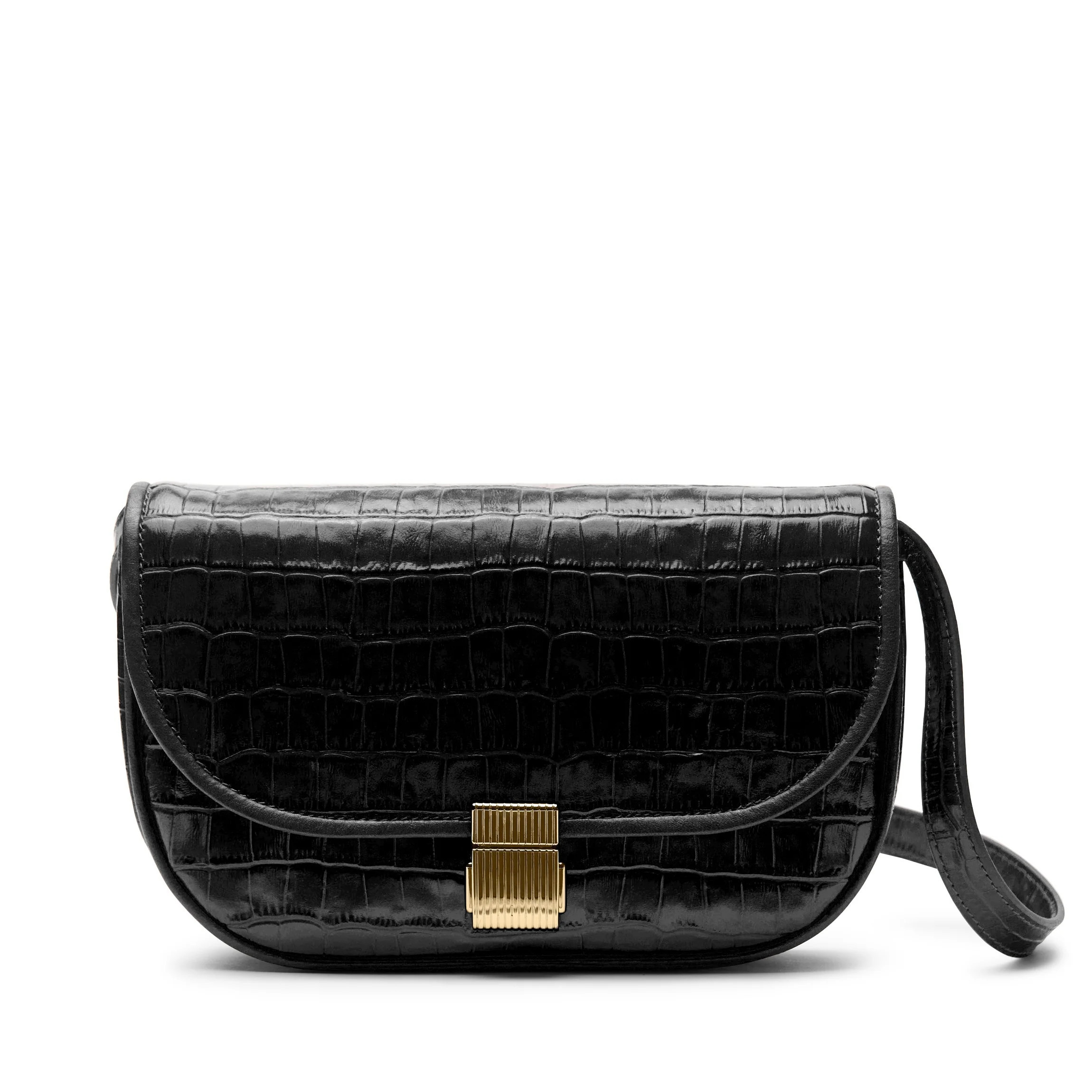 Katy Small Saddle Crossbody Black Croc | Leatherology