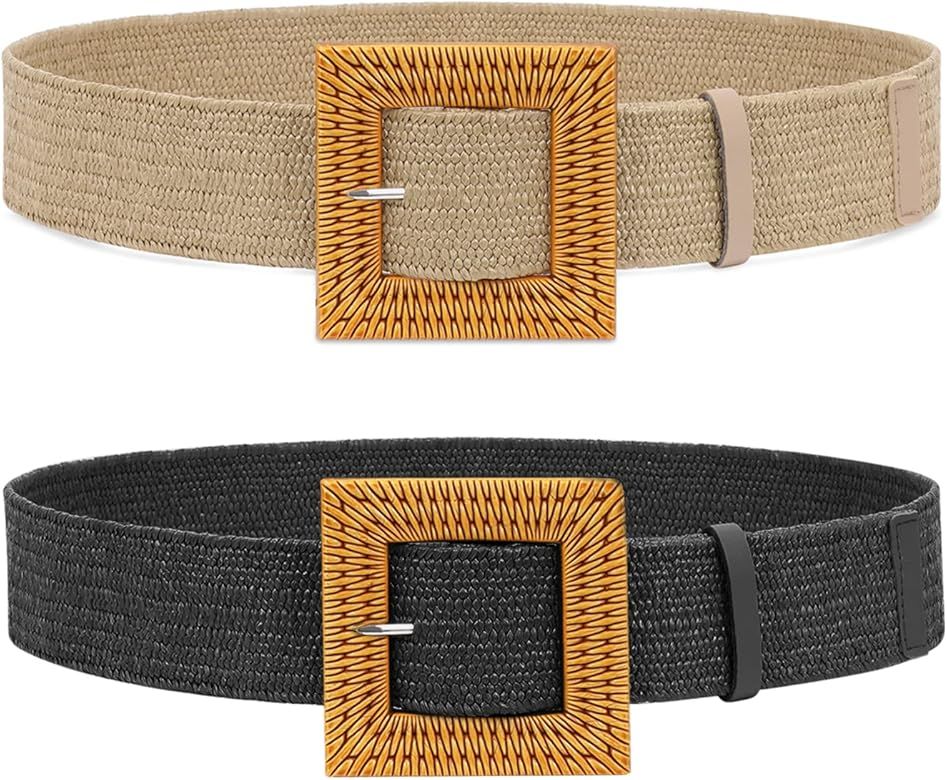 SUOSDEY 2 Pack Straw Woven Elastic Belt Braided Stretch Wide Belt for Women Dress | Amazon (US)