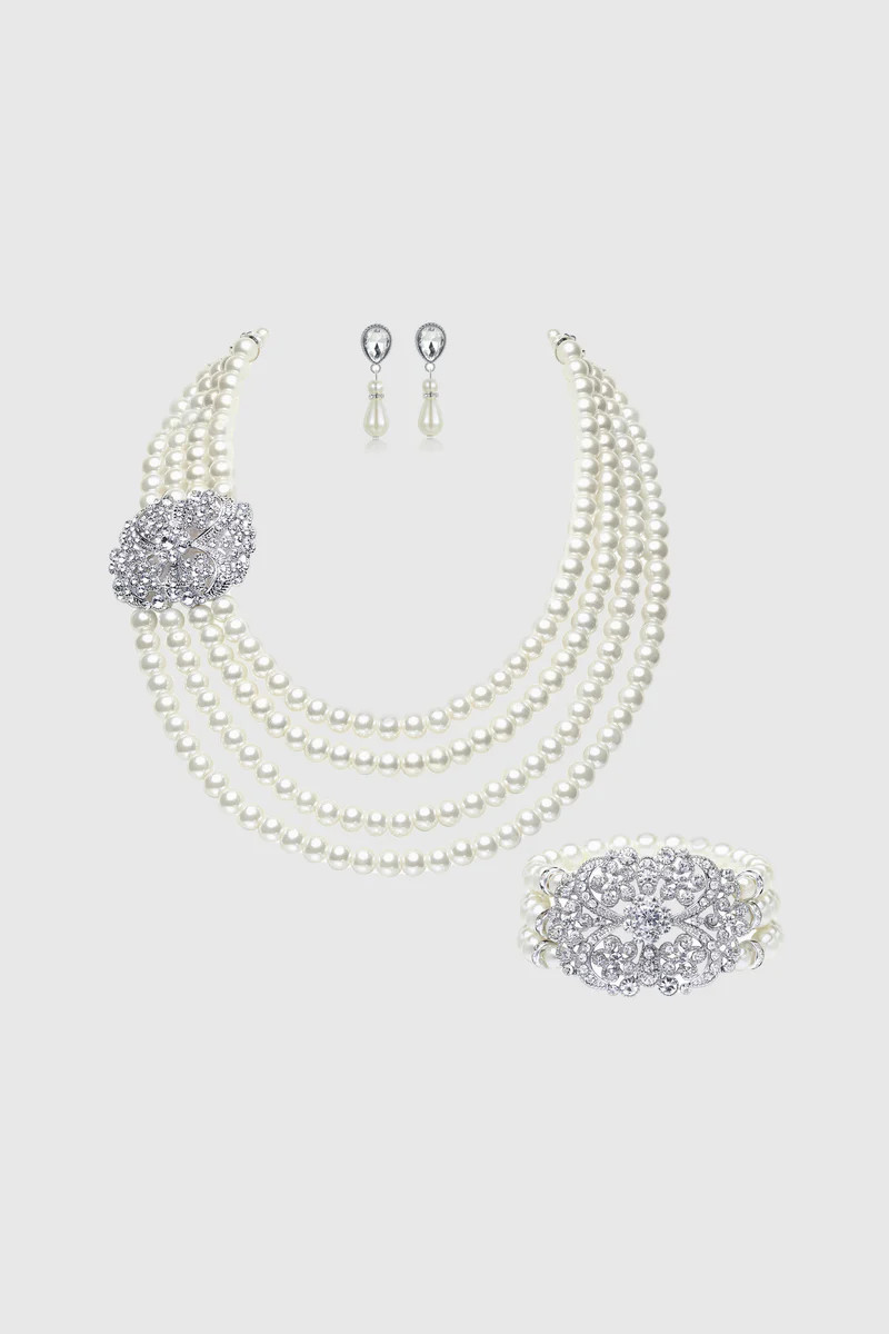 Shop 1920s Jewelry - Pearl Rhinestone Necklace Set | BABEYOND | BABEYOND