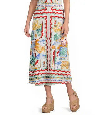 Woven Capri Beach Print Mid Rise A-Line Flounce Midi Coordinating Skirt | Dillard's