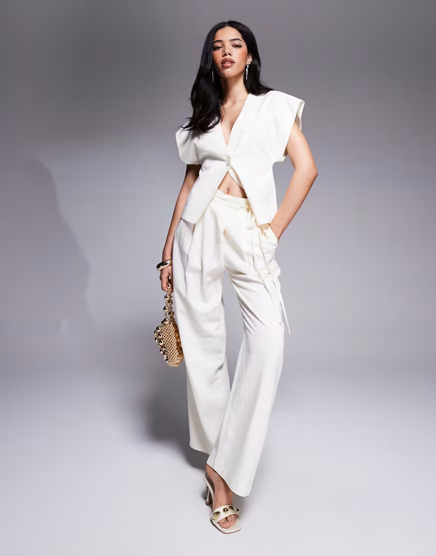 ASOS DESIGN tailored linen wrap tie trousers co-ord in ivory-White | ASOS (Global)