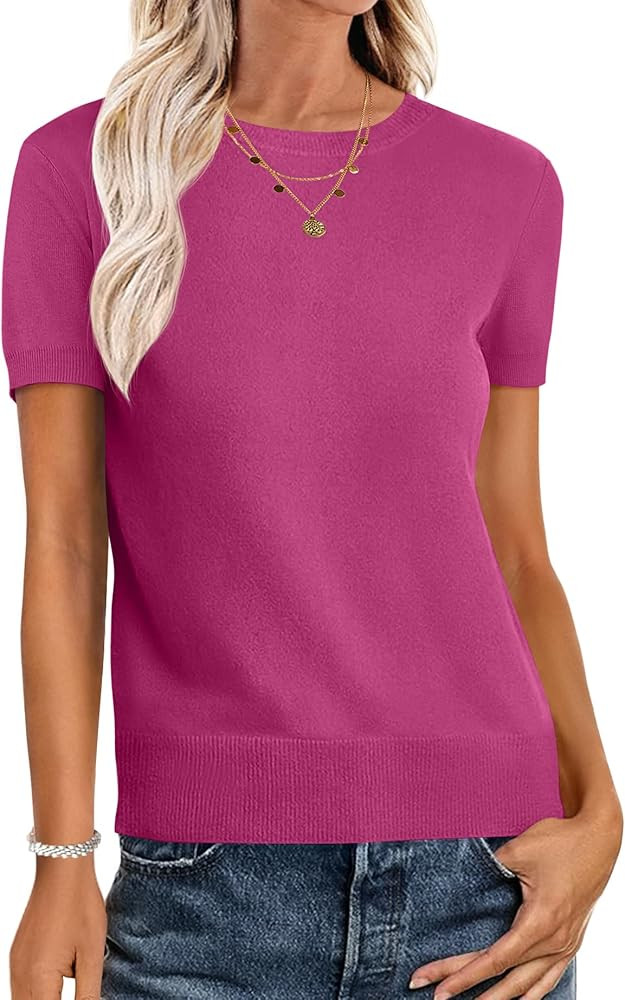 ANRABESS Womens Short Sleeve Sweaters Wool Blend Crew Neck Sweater Shirts Business Casual Work To... | Amazon (US)