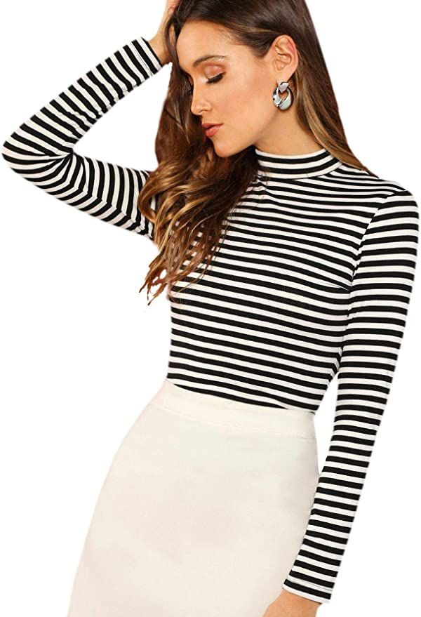 Floerns Women's High Neck, Long Sleeve Slim Fit Stretch Striped T-Shirts Black and White, L at Am... | Amazon (US)