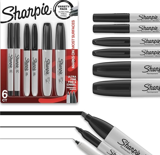 Sharpie Permanent Markers Variety Pack, Includes Chisel, Fine, and Ultra-Fine Tips, Black, 6 Coun... | Amazon (US)