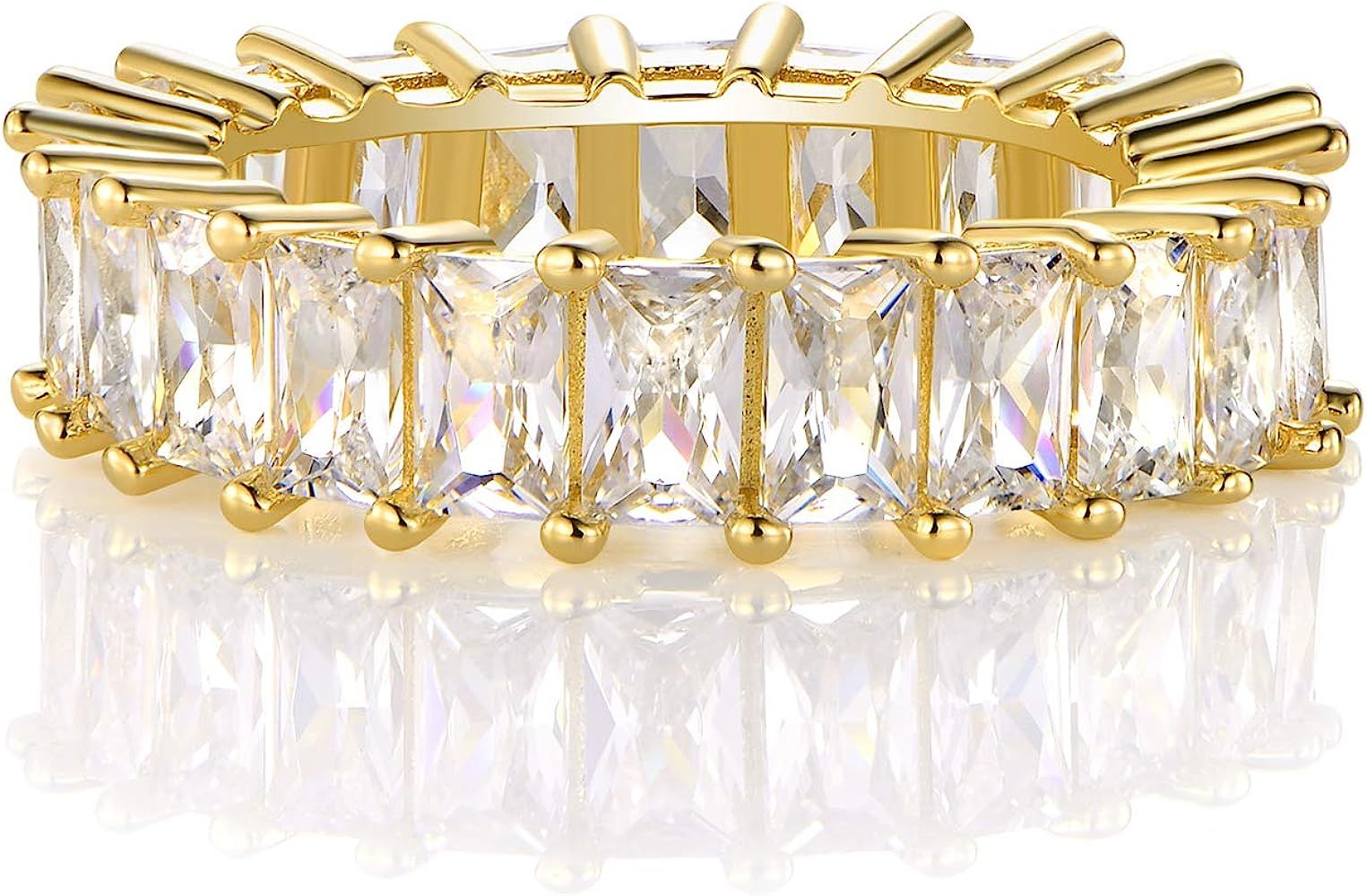 XBRN 14K Gold Plated Ring Cubic Zirconia Emerald Cut Eternity Ring Band for Women Men | Amazon (US)