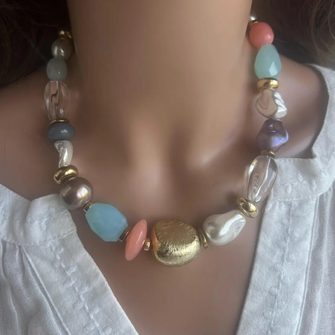 Chunky necklace Statement necklace Aquamarine necklace gemstone necklace sea shell necklace beade... | Etsy (US)