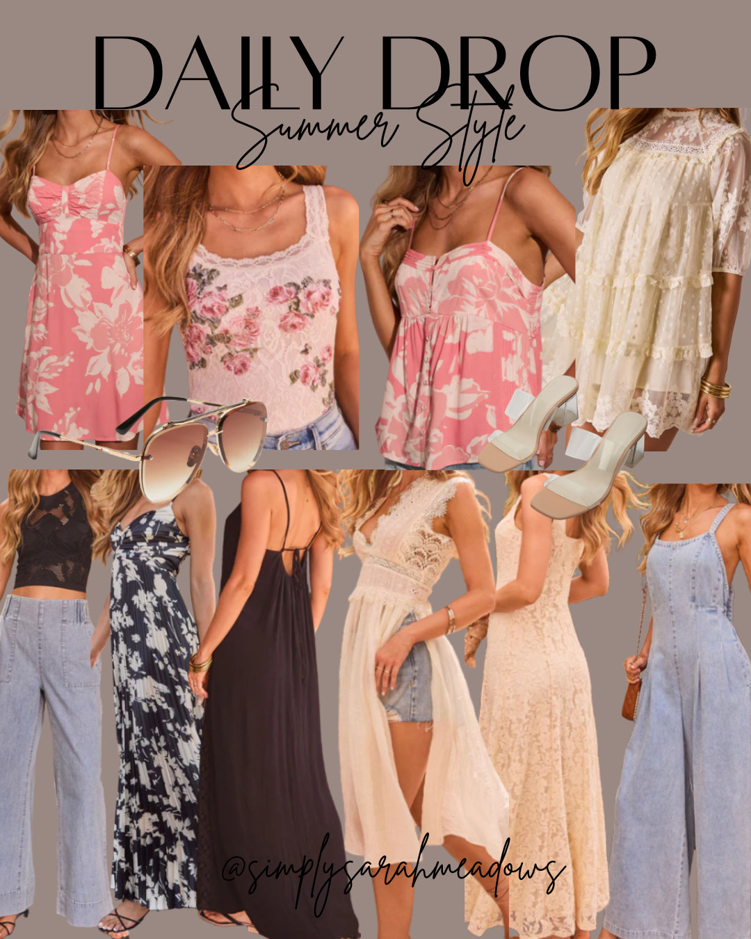 This collection is giving effortless summer vibes! From flirty floral dresses and feminine lace details to chic jumpsuits and versatile maxi dresses, these pieces are perfect for everything from brunch dates to summer vacations. The neutral heels and trendy sunnies complete every look with ease. Which one is your favorite? 💕☀️

✨ Shop all my summer must-haves in my LTK! #LTKStyle #LTKSummer #SummerStyle #MomStyle #TrendingNow #AffordableFashion #VacationStyle #BeachVacationStyle #LTKSaleAlert #LTKUnder100 #LTKOver40 

 