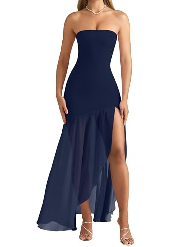 OQQ Women\u2019s Strapless Maxi Dresses Bodycon Mesh Fishtail with Slit Wedding Guest Cocktail Pa... | Amazon (US)