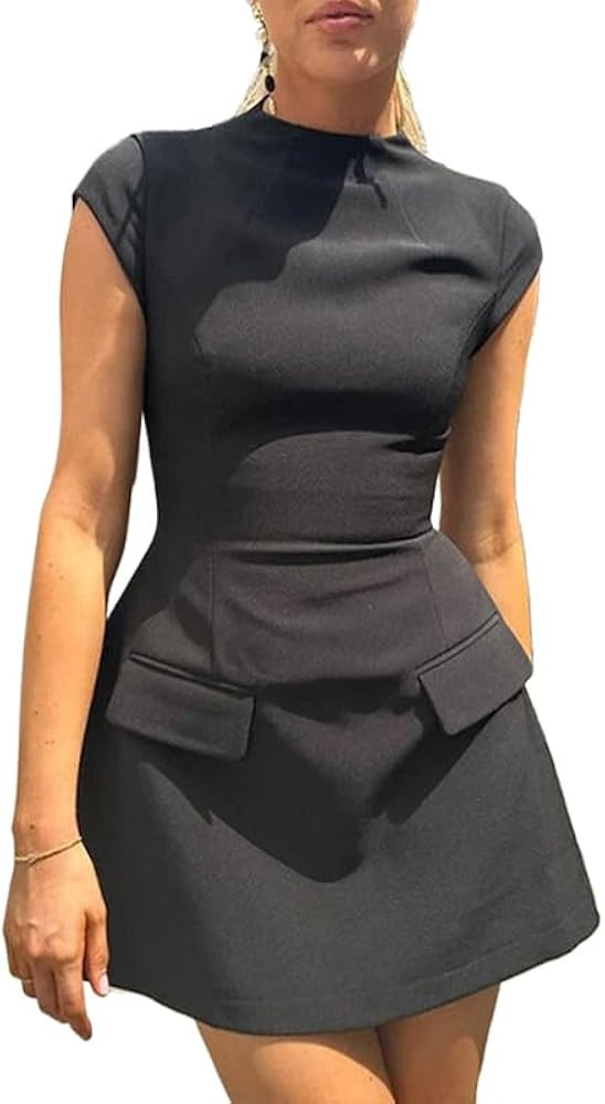 Women Elegant Slim Solid Pockets Mini Dress Fashion O-Neck Short Sleeve A-line Dresses 2024 Offic... | Amazon (US)